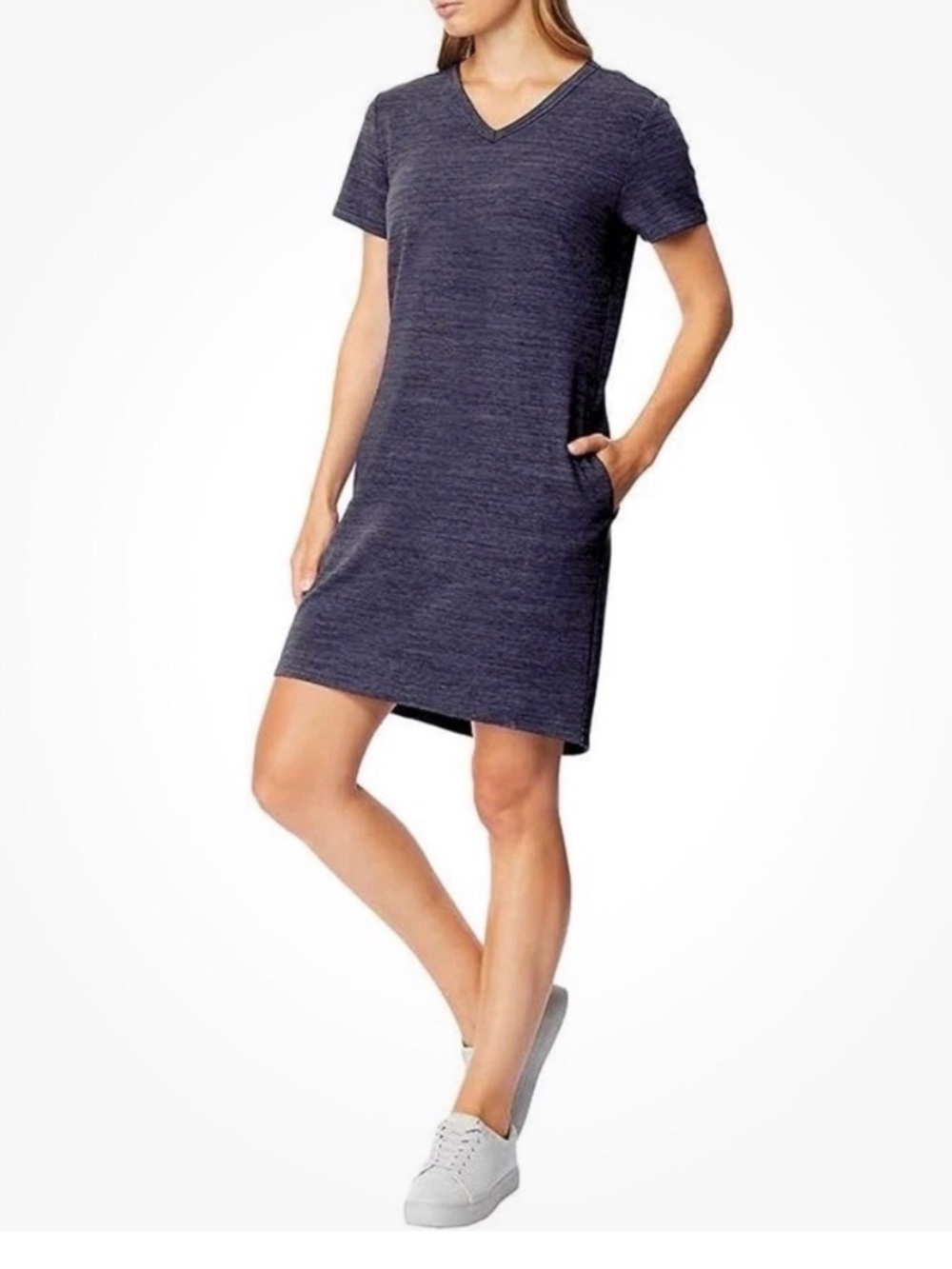 Classic Short-Sleeve V-Neck Dress in Heather Navy Sz-S. D16